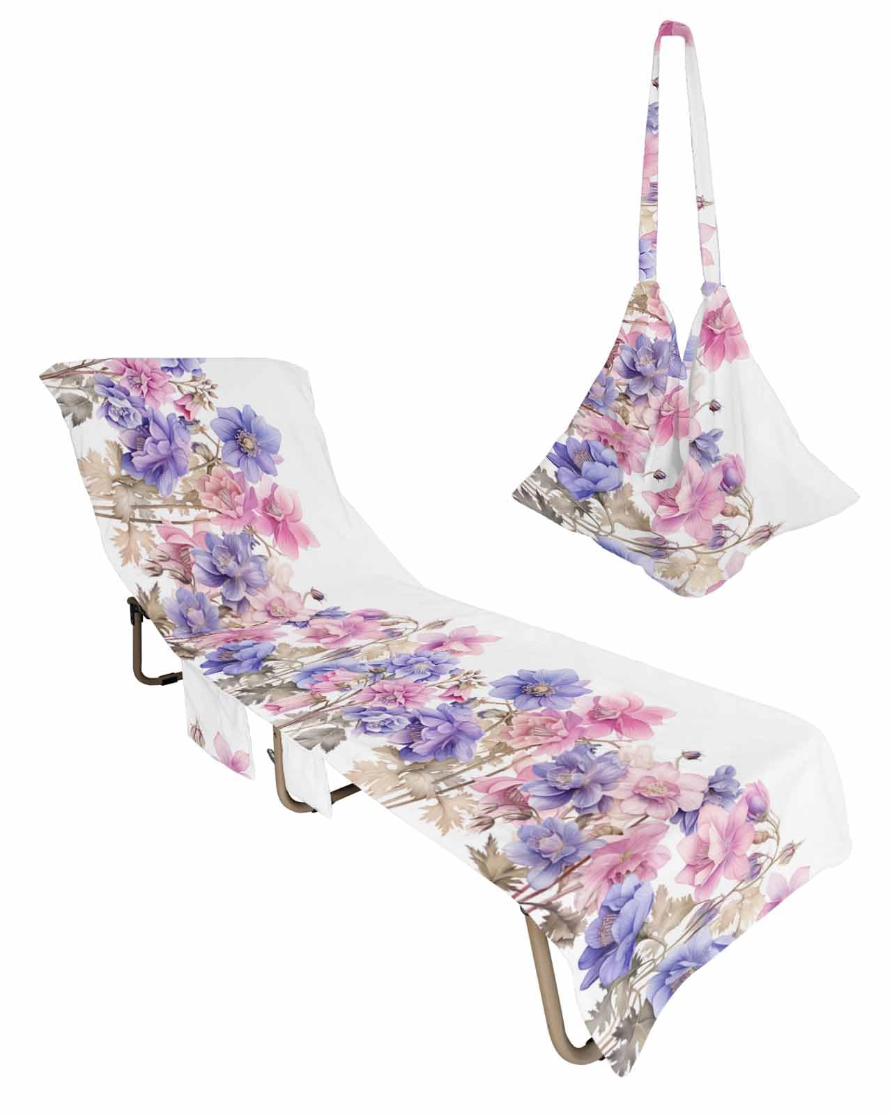 Colorful Flower Beach Chair Towel Covers for Chaise Lounge with Side Pocket, Soft Plush Pool Towels Cover for Patio Sunbathing Outdoor Spring Botanical Plant Herb Simple White 29''x85''