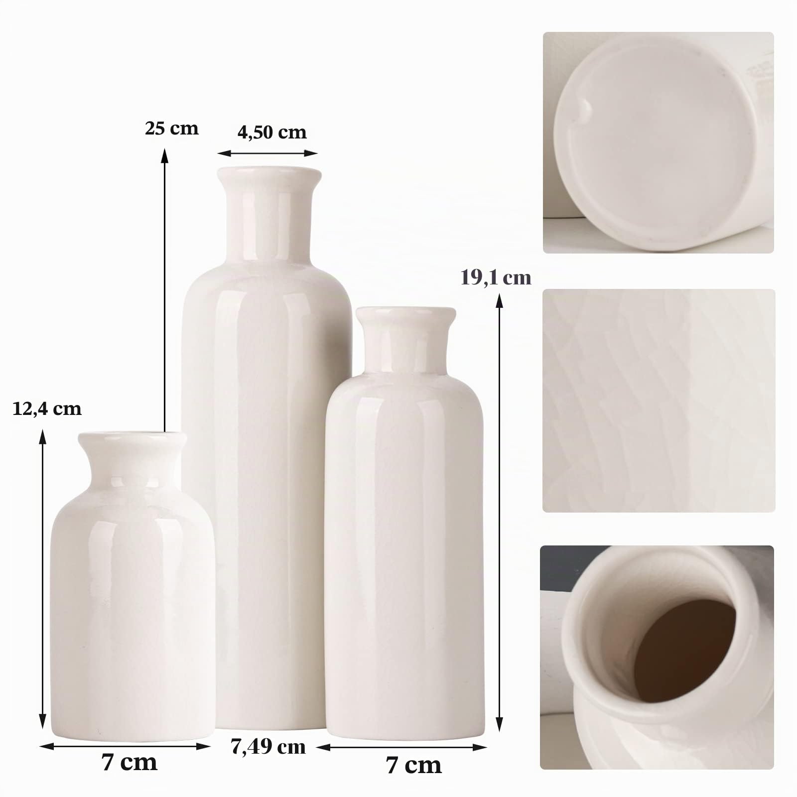 Set di 3 vasi in ceramica, casa colonica in ceramica bianca screpolata, piccoli vasi per decorazioni per la casa di campagna, soggiorno, tavolo da pranzo, caminetto e centrotavola per l'ingresso