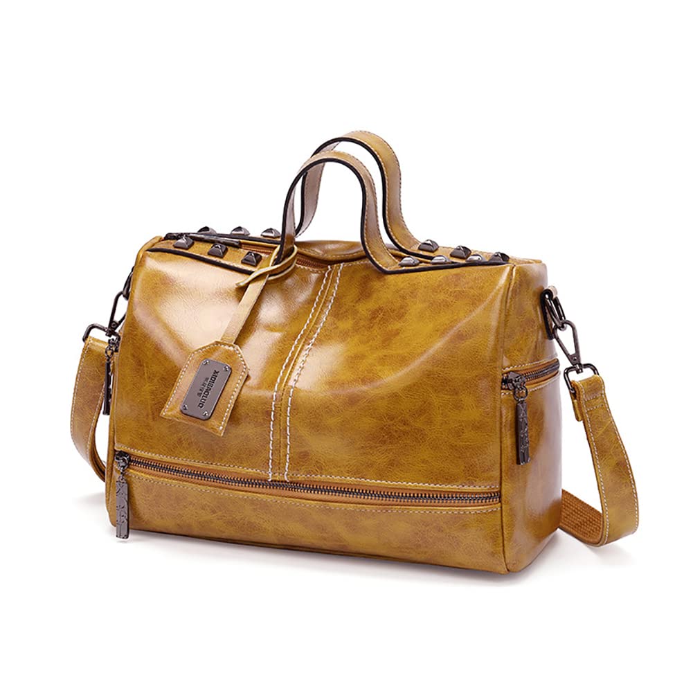 Rivet Studded Barrel Bag Waxy Leather Top Handle Satchel Large Crossbody Tote Purses and Handbags for Women