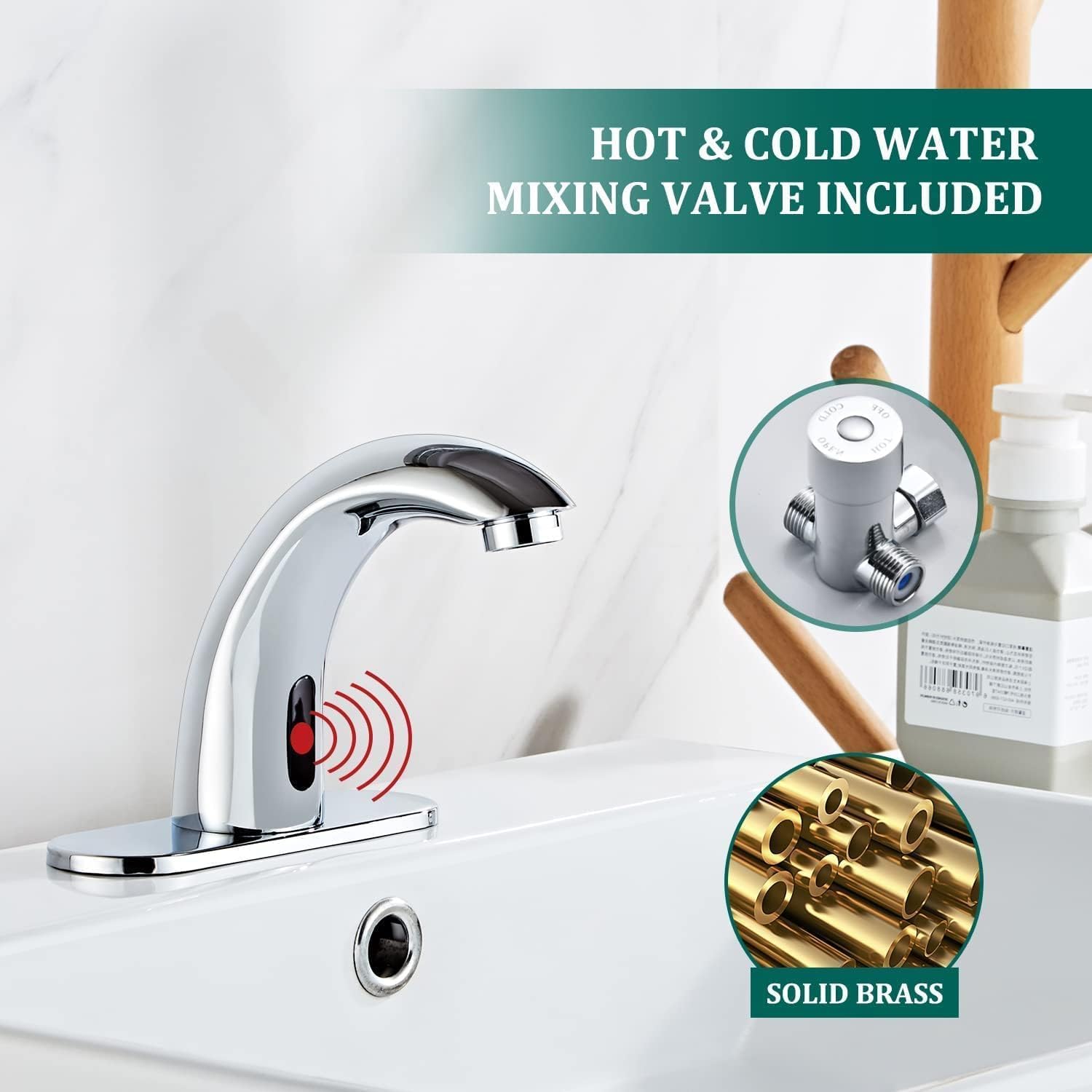 Chrome Touchless Bathroom Sink Faucet - Automatic Sensor Faucet - Dual Power Supply 110V AC or Battery Operated for Commercial
