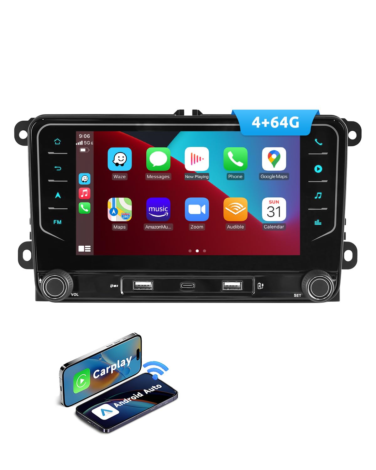 ESSGOO 4+64G Autoradio mit Wireless Carplay und Android Auto Für VW Golf 5 6 Plus Touran Tiguan EOS Passat Polo, 7 Zoll Auto Radio Display mit Bluetooth, Voice Control, Mirror Link, FM, SWC - 1