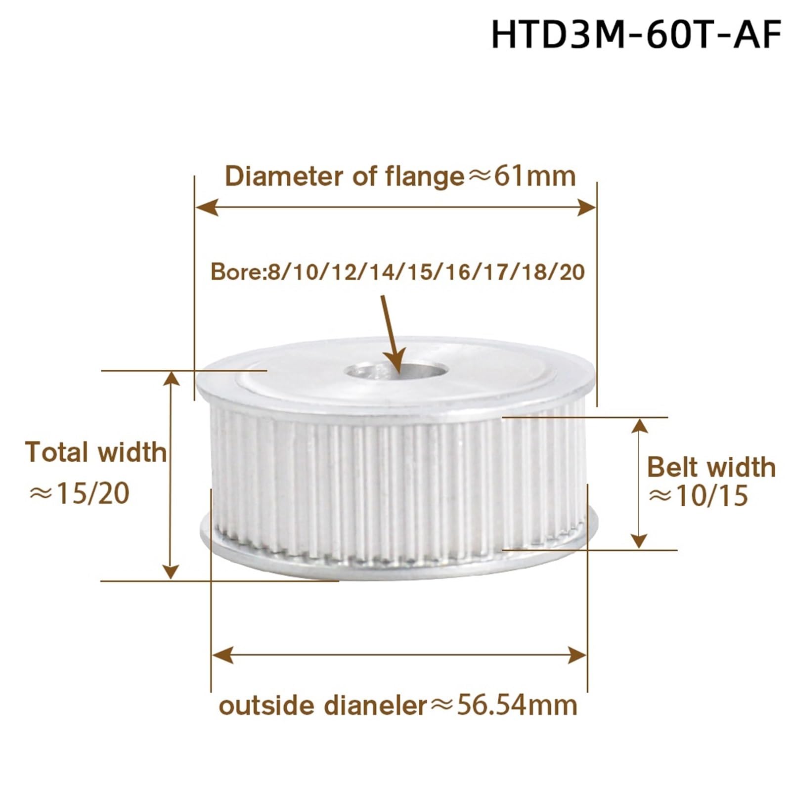 Polea de distribución HTD3M-60T AF BF Forma Diámetro interior 8/10/12/14/15/16/18/20 mm Aluminio Rueda de polea síncrona Ancho de ranura 10/15 mm Paso 3 mm(AF-Bore 14mm,For Belt width 10mm)