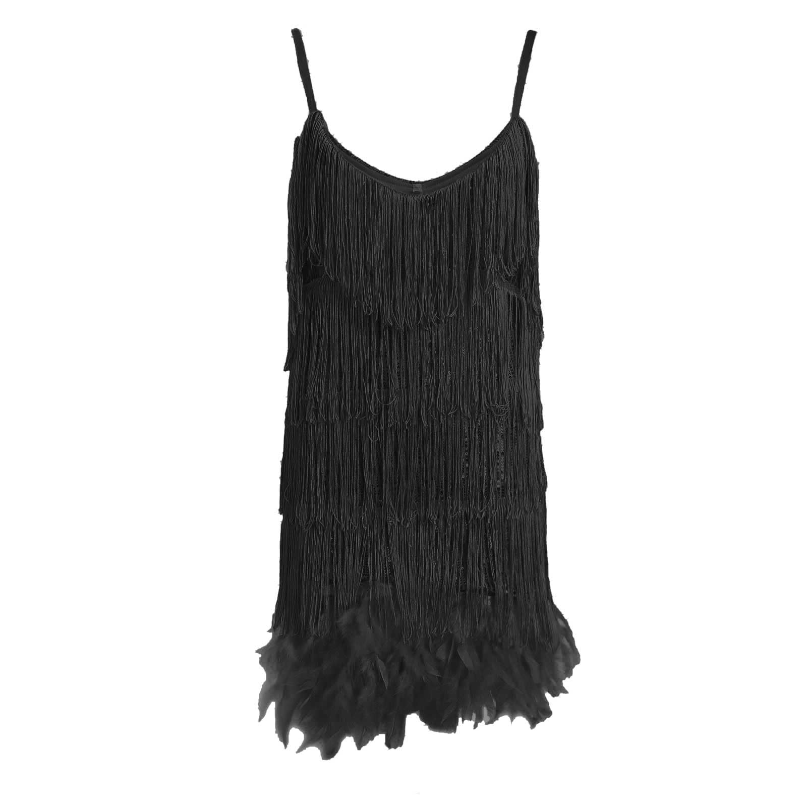 Vestido Femenino Elegante para Noche con Plumas y Lentejuelas de Moda en Tirantes y Escote en V