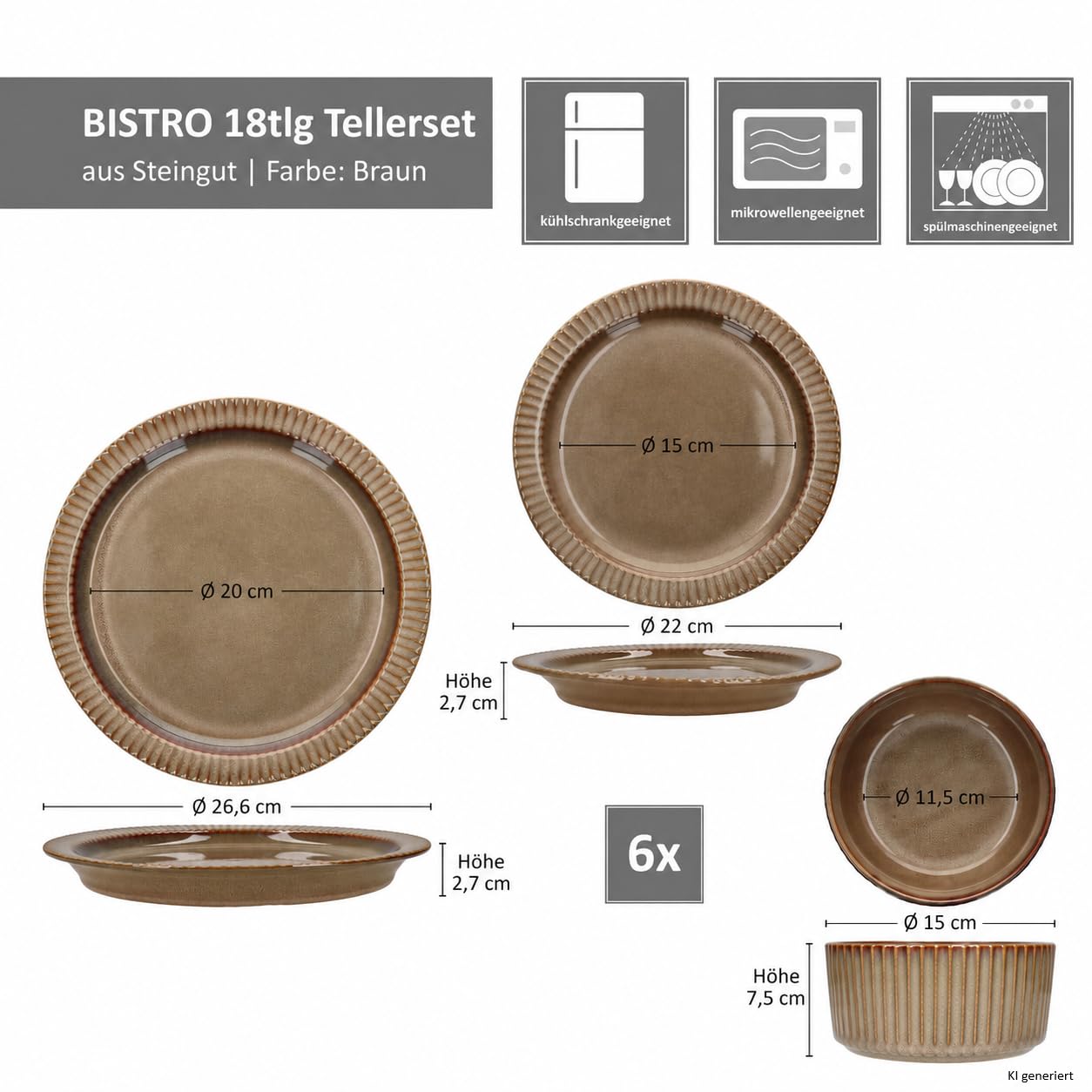 MamboCat Bistro Lot de 18 assiettes I 6 personnes I Service de table de dîner marron avec aspect rétro I 6 assiettes plates, bols à bol et assiettes à gâteau I Faïence