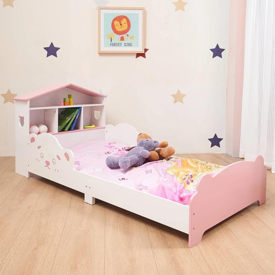 URBNLIVING Wooden Toddler Bed with Integrated Bookshelf Storage – Junior Kids Bed Frame with Built-in Bookcase for Bedroom Organisation (PINK) — view 6