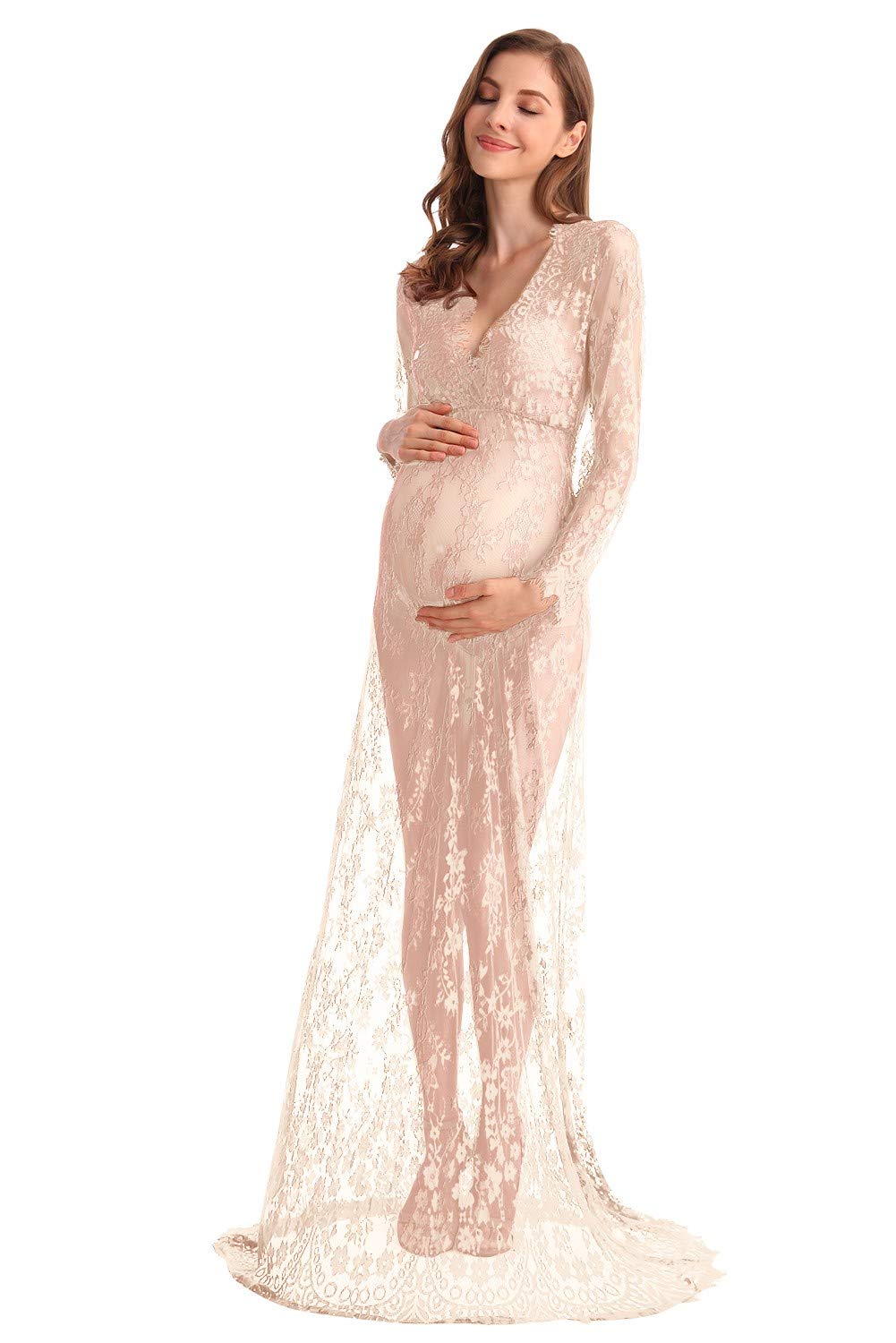 Boudoir Maternità Manica Lunga Pizzo Abito Bagno Latte Photoshoot Abito Sexy Donne Profondo Scollo a V Lingerie Robe Camicie da Notte