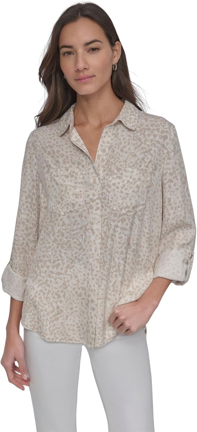 DKNY Women's Splitback Long Sleeve Button Down with Cuffed Sleeve