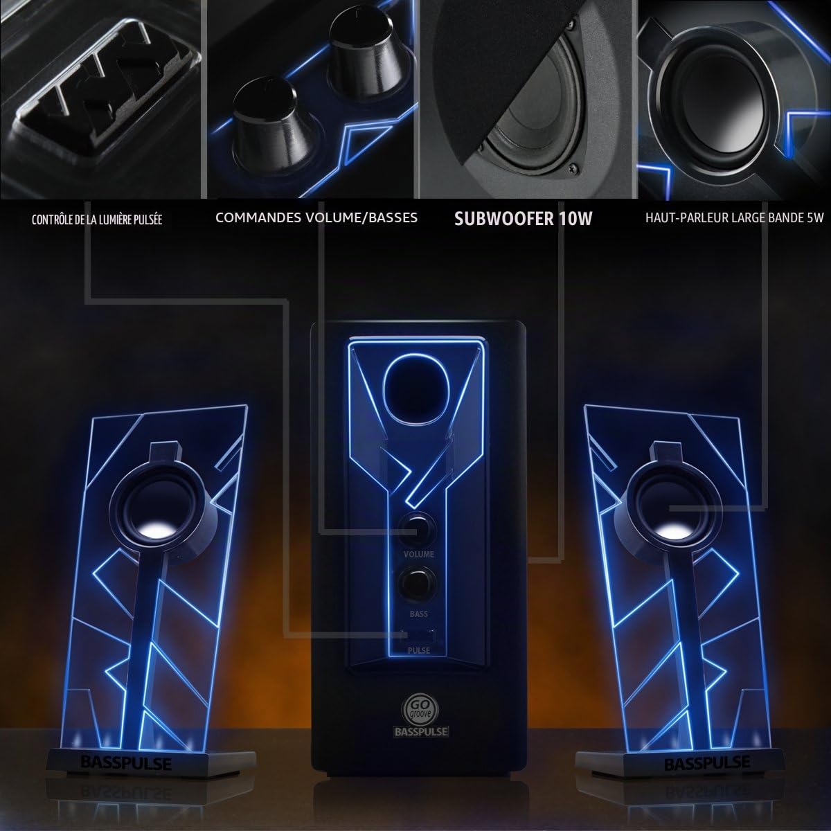 GOgroove Haut Parleurs PC Enceintes Stereo 2.1 Satellite Basses Passives Lampes LED Scintillantes - Compatible avec Ordinateur, Tablette, Smartphone et Tout Appareil Equipé d'un Port AUX 3,5 mm - Bleu