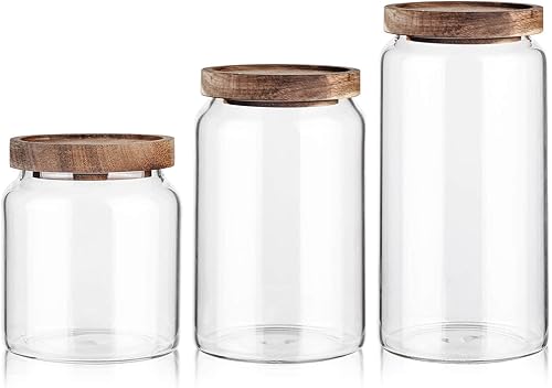 Miniatura 1 de Recipiente de almacenamiento de vidrio hermético para alimentos, recipiente de cocina con tapas de madera (21 onzas + 32 onzas + 41 onzas)