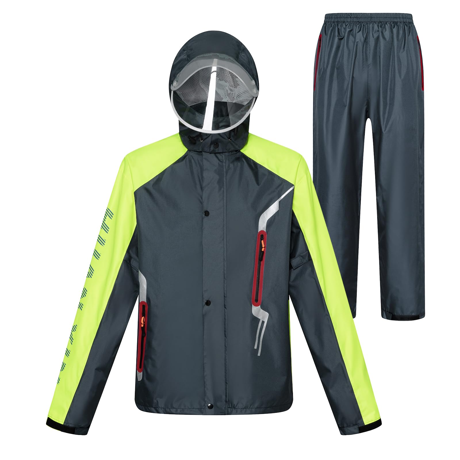 LY4U Uomo Impermeabile Tuta da Pioggia, Abbigliamento da Lavoro Giacca e Pantaloni da Ciclismo con Cappuccio, Tuta Impermeabile con Striscia Riflettente Sicura