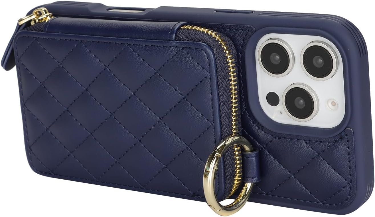 Crossbody Wallet Case for iPhone 16 Pro, PU Leather Zipper Handbag Purse Flip Cover, Kickstand Folio Case with Card Slots Holder Wrist Strap Lanyard 5G 6.3 Inch-Blue