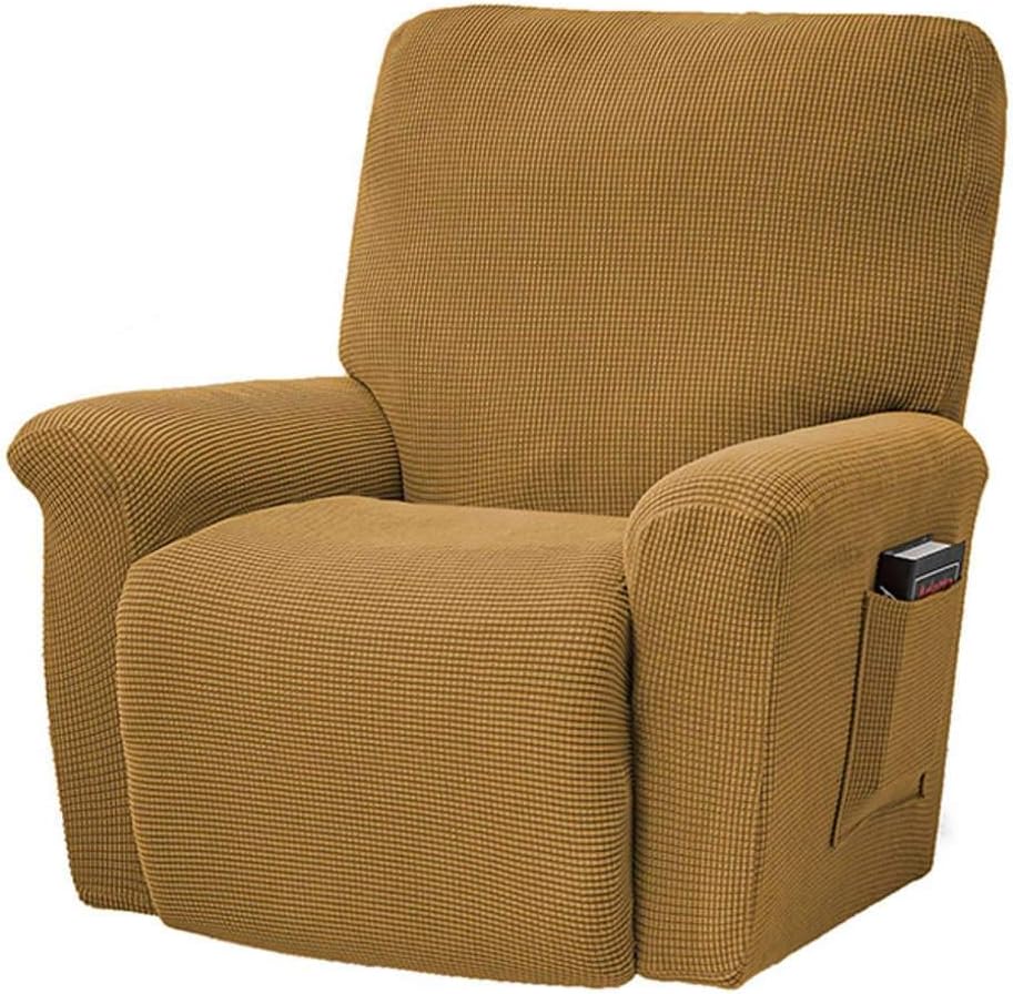 Stretch Recliner Chair Cover, Thick Soft Small Checked Jacquard Recliner Cover Protector with Side Pocket for Living Room-Golden