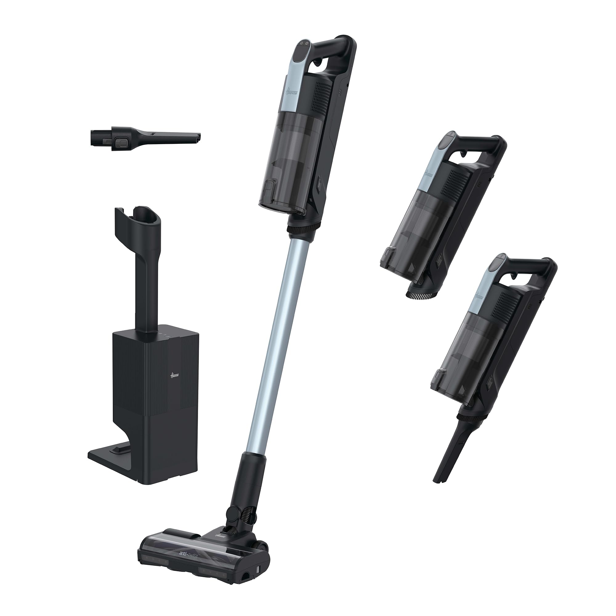 Hoover Bezprzewodowy odkurzacz akumulatorowy HF3 Pro Home z automatyczną stacją odprowadzania kurzu i ładowania o pojemności 3 l, czas pracy do 60 minut, filtr HEPA13, zabezpieczenie przed skręceniem