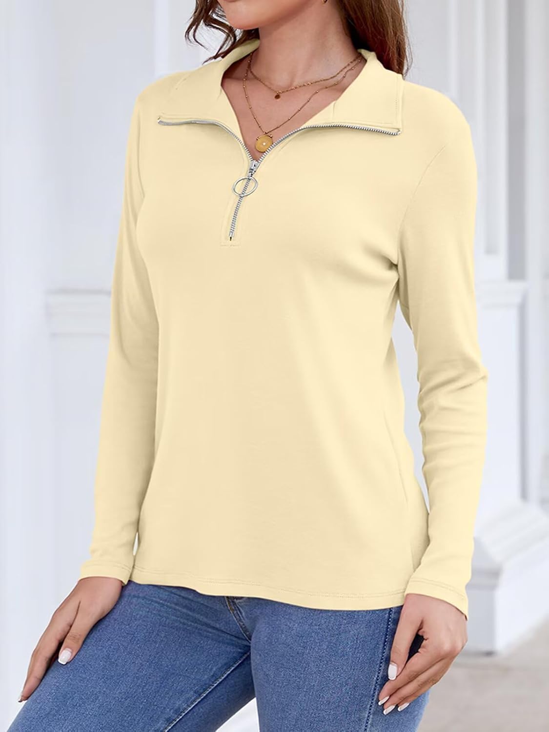 Women's Long Sleeve Shirts Quarter Zip Pullover Collared V Neck Tops Fall Blouses - Image 3