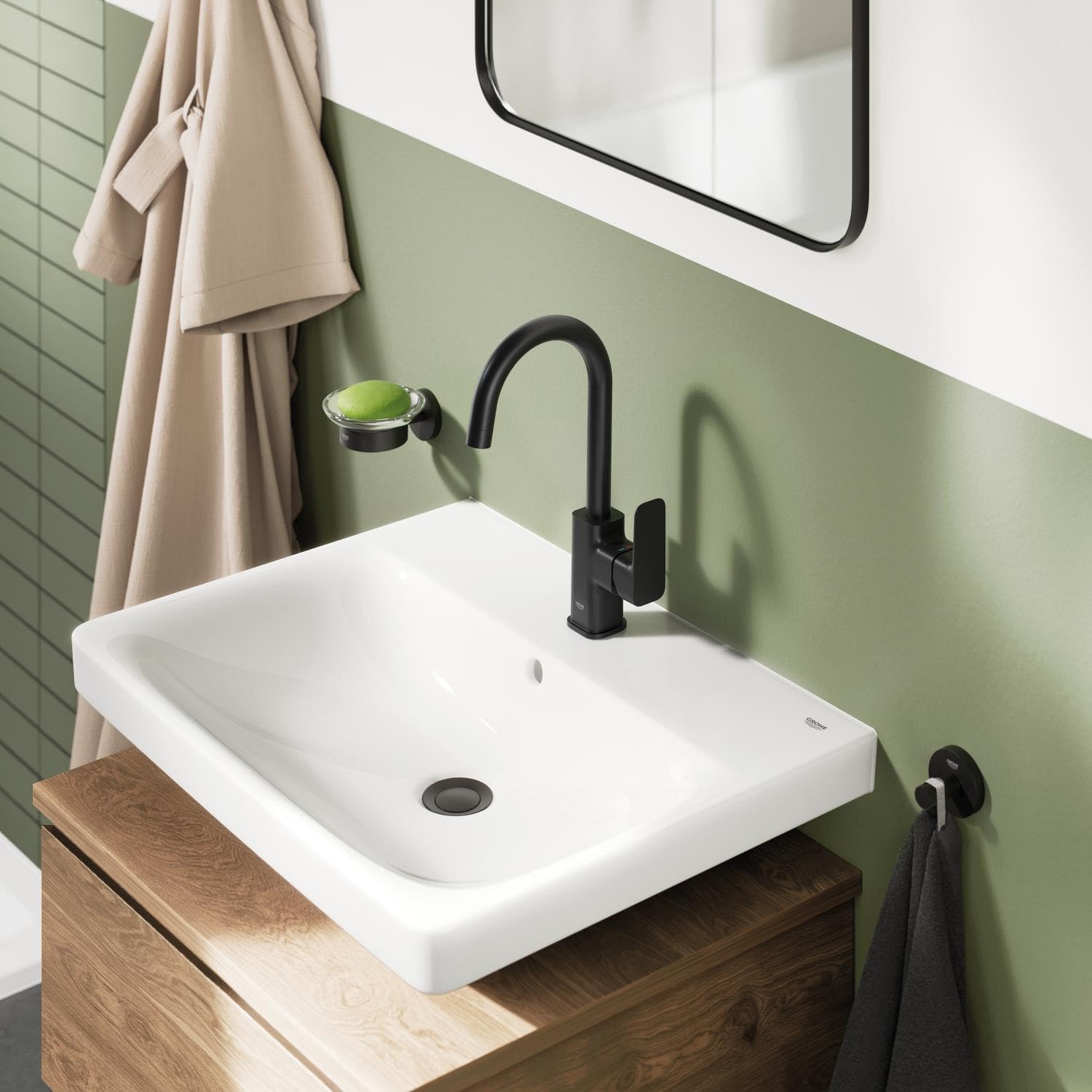 GROHE Dice - Grifo lavabo con desagüe Pop-Up, Talla L, caño en C giratorio 90°, cartucho cerámico 28mm, eficiencia energética y ahorro agua, latiguillos 3/8", QuickTool, Negro Mate, 1018712430