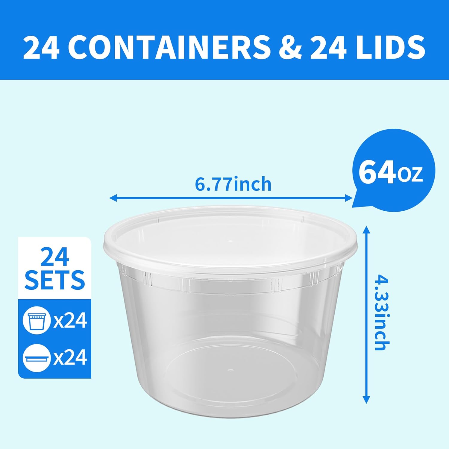 Plastic Deli Containers with Lids, 24 Sets 64oz Leakproof Soup Storage Containers for Family Soup & Leftovers, Round Meal Prep Cups, BPA Free, Microwave/Freezer/Dishwasher Safe