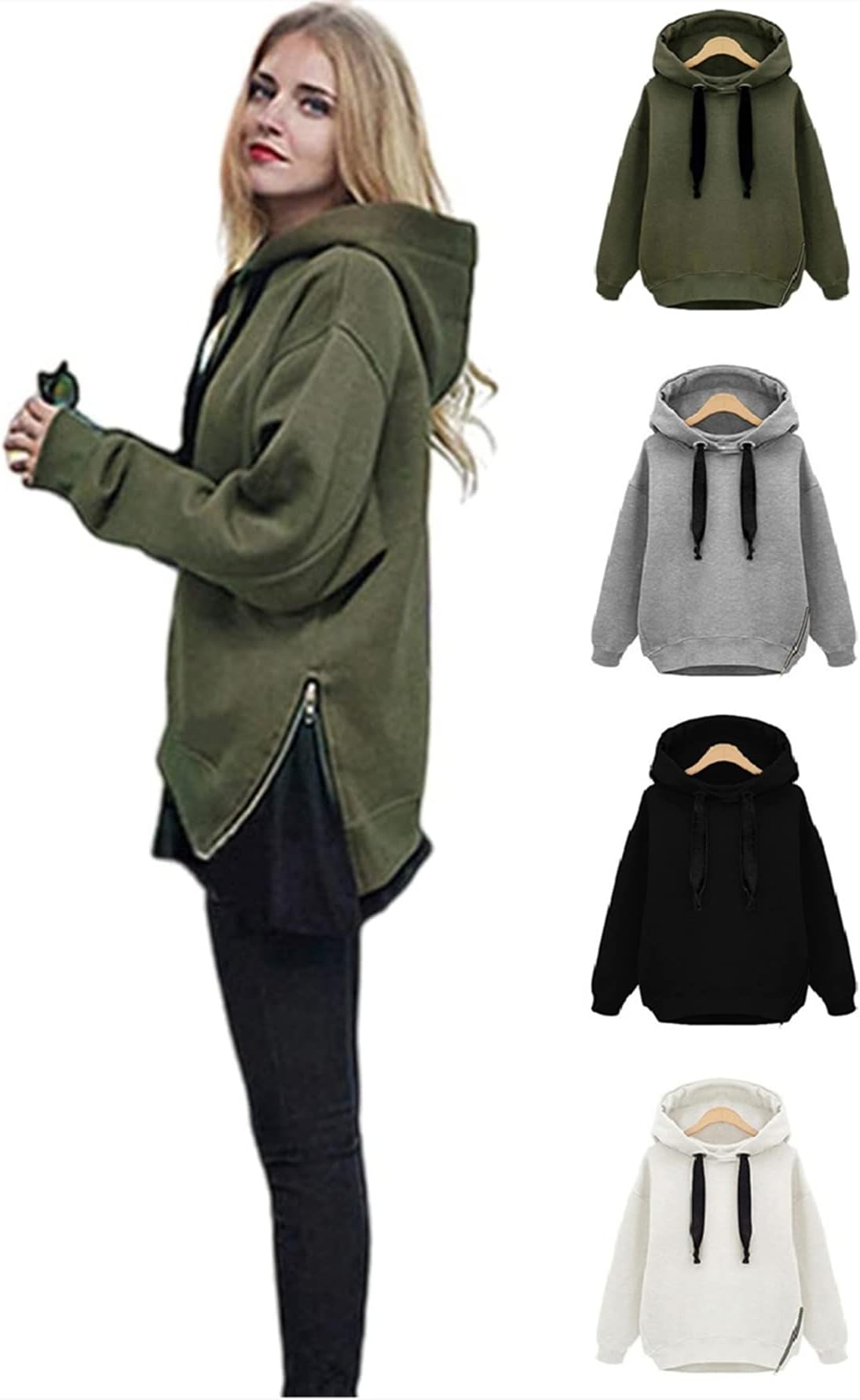 Wankang Oversized Hoodies Women Hooded Drawstring Sweatshirt Solid Casual Pullover Thin Fleece Sweater Slit Hem Jumper Tops