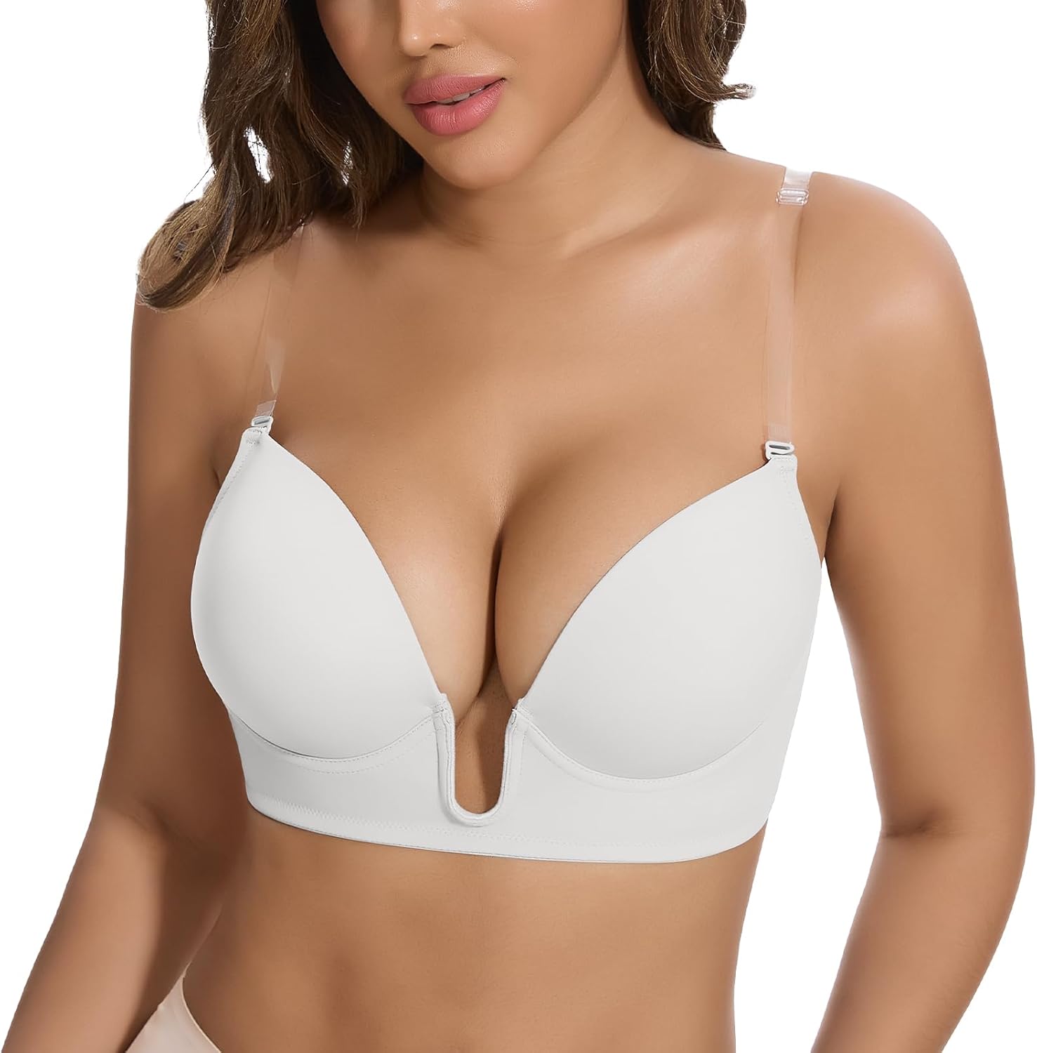 JOYSHAPER Plunge Bras for Women Backless Push Up Bras Low Cut Padded Bras Shaper Convertible with Clear Straps Dress Bra
