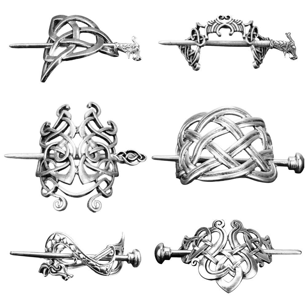 Baokuan Women's Silver 6Pcs Hair Clips, Viking Celtic Hair Sticks, Celtic Knot Hairpin, Retro Vintage Metal Hair Barrette, Viking Jewelry Clip, Minimalist Hair Accessories For And Girls