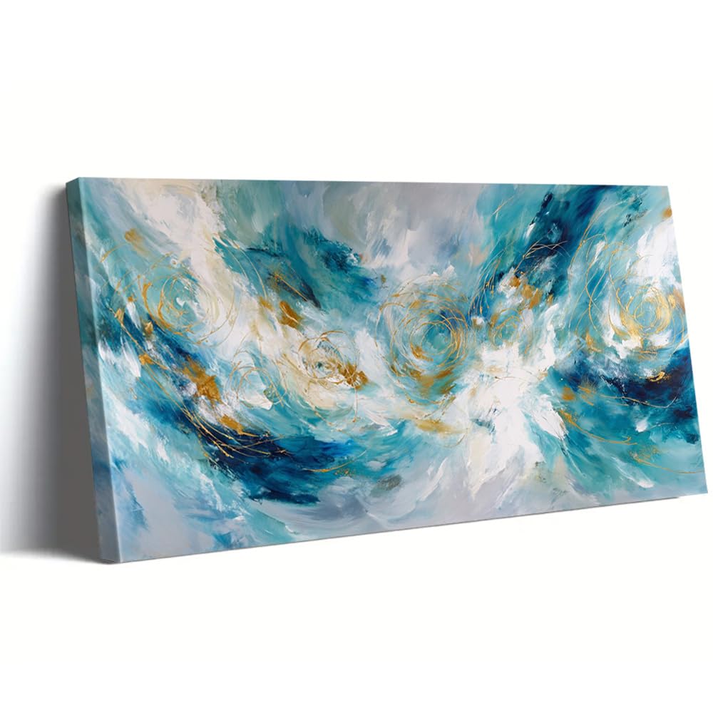 AEFOUU Modern Abstract Gold and Blue Wall Art Pictures for Living Room Bedroom - Canvas Prints Modern Art Poster Picture Decor(65x130cm/26x52in/Frameless)