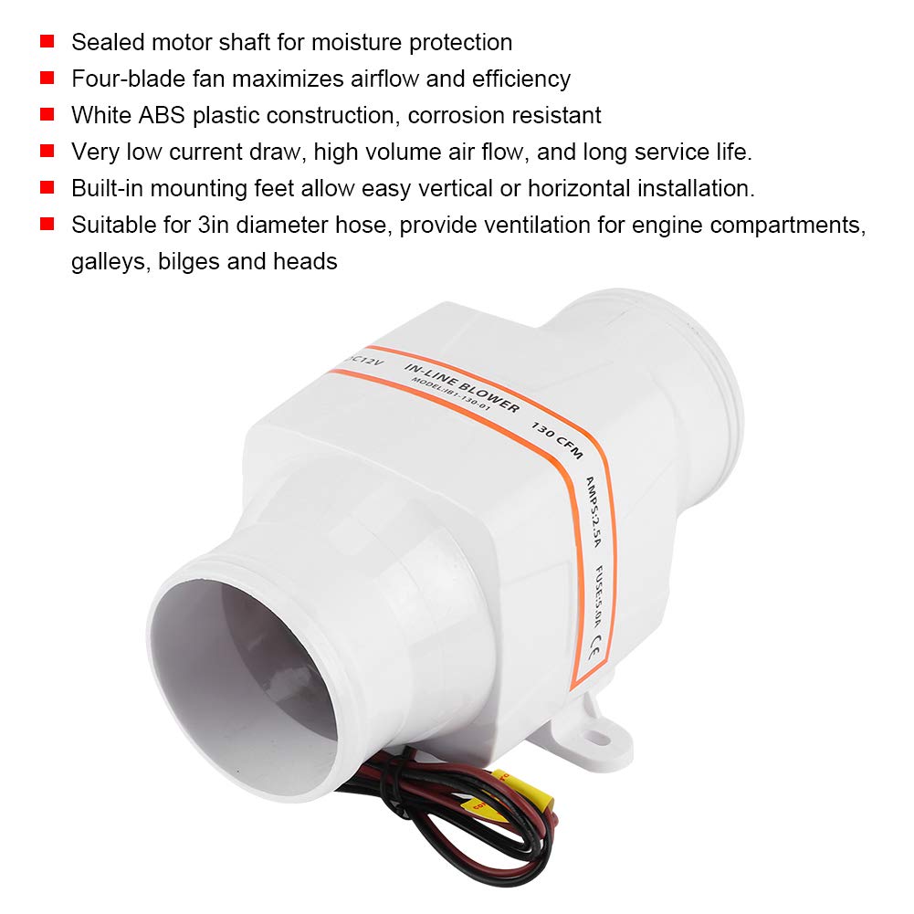 130 CFM 12V Plastic In-Line Blower Fan For Marine Boat Bilge Ventilation - 3" Diameter
