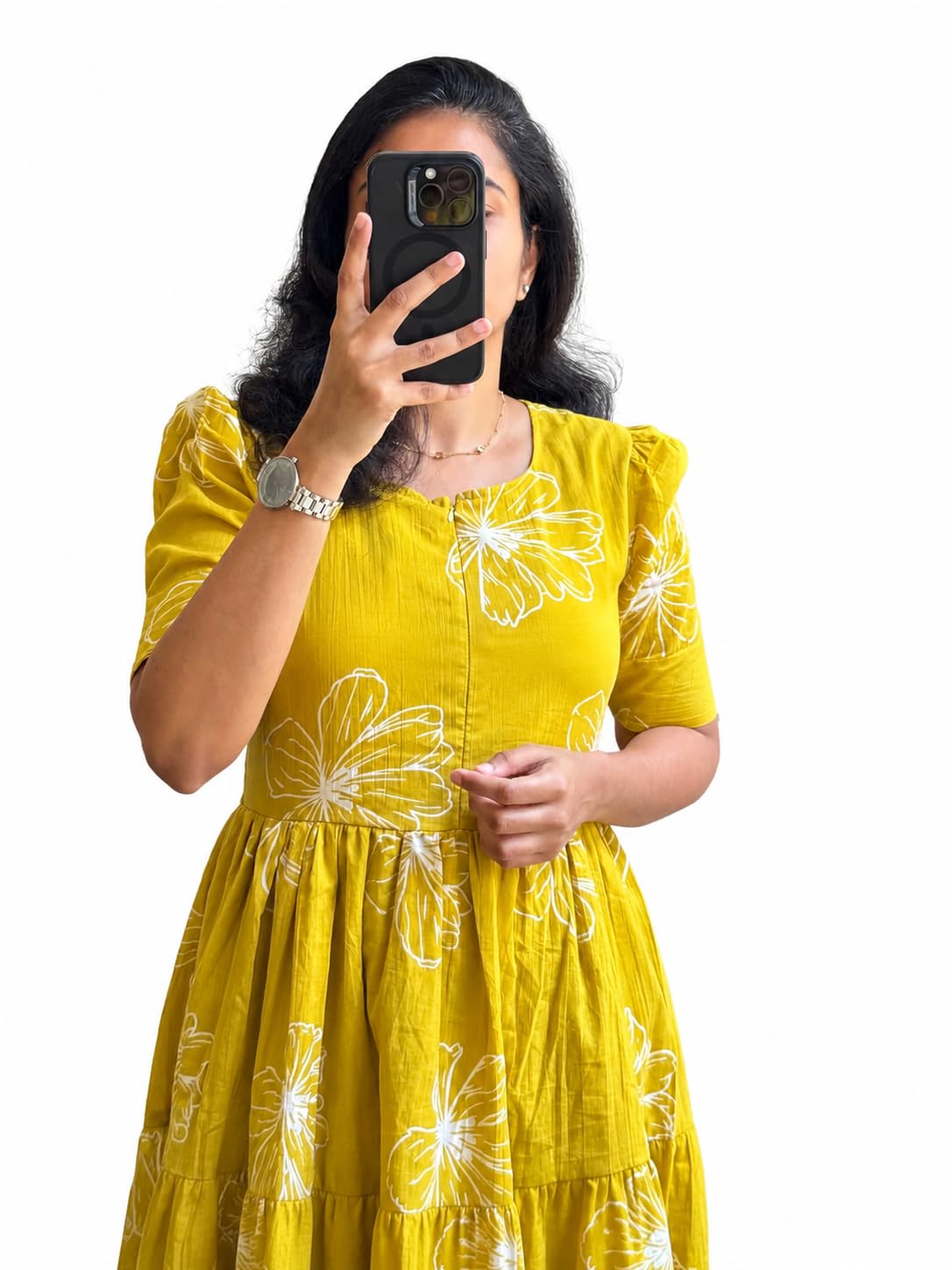 Women's Rayon Floral Printed Midi Dress | Puff Sleeve Round Neck Tiered A-Line Casual Dress for Women-image-24