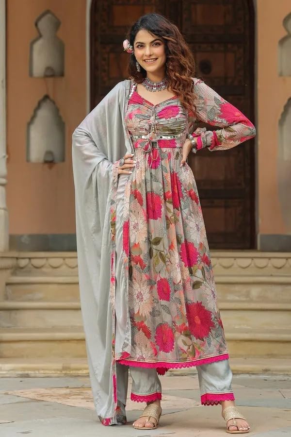 Image of KD Women's Anarkali Floral Printed Kurta Pant Set with Dupatta Anarkali Kurta for Women | Kurta Set | anarkali dress V-NACK kurtis set for women