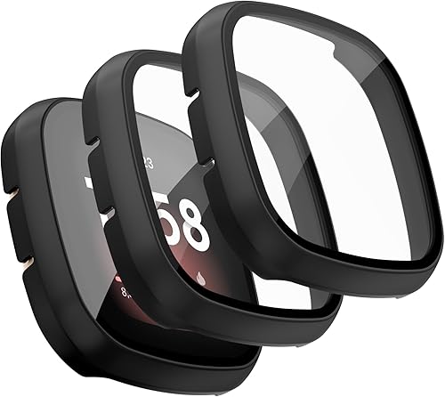 Funda protectora de pantalla compatible con Fitbit Versa 3, paquete de 3 carcasa protectora completa de policarbonato duro para Fitbit Versa 3 y