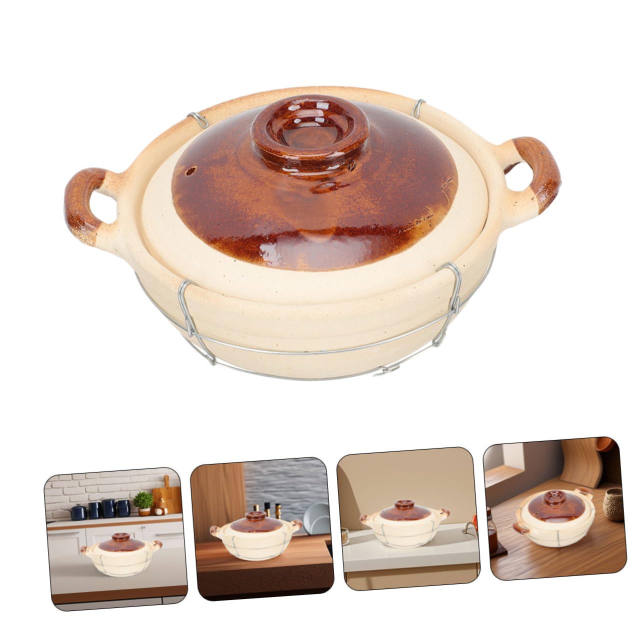 Olla de Barro con Asa para Cocinar, 2 Piezas Beige de Arcilla | Hierro Incluido Estructura, Diseño de Agarre Seguro y Resistente al Calor, para Sopas y Preparación Individual