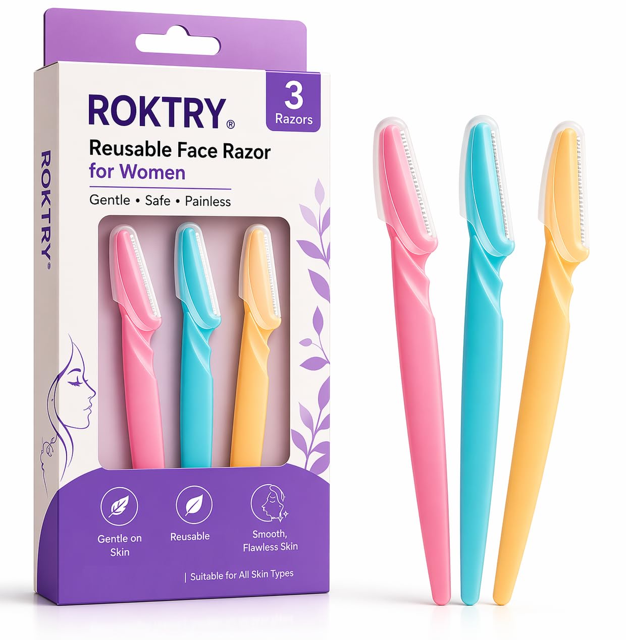 ROKTRY Face Hair Remover for Women - 3 Razors, Quick, Instant & Painless, Reusable, Smooth Skin, Glow On-The-Go, Rust Free Blades for Upper Lips, Eyebrow, Chin, Cheeks & Nose, Forehead, Sideburns.-image-14