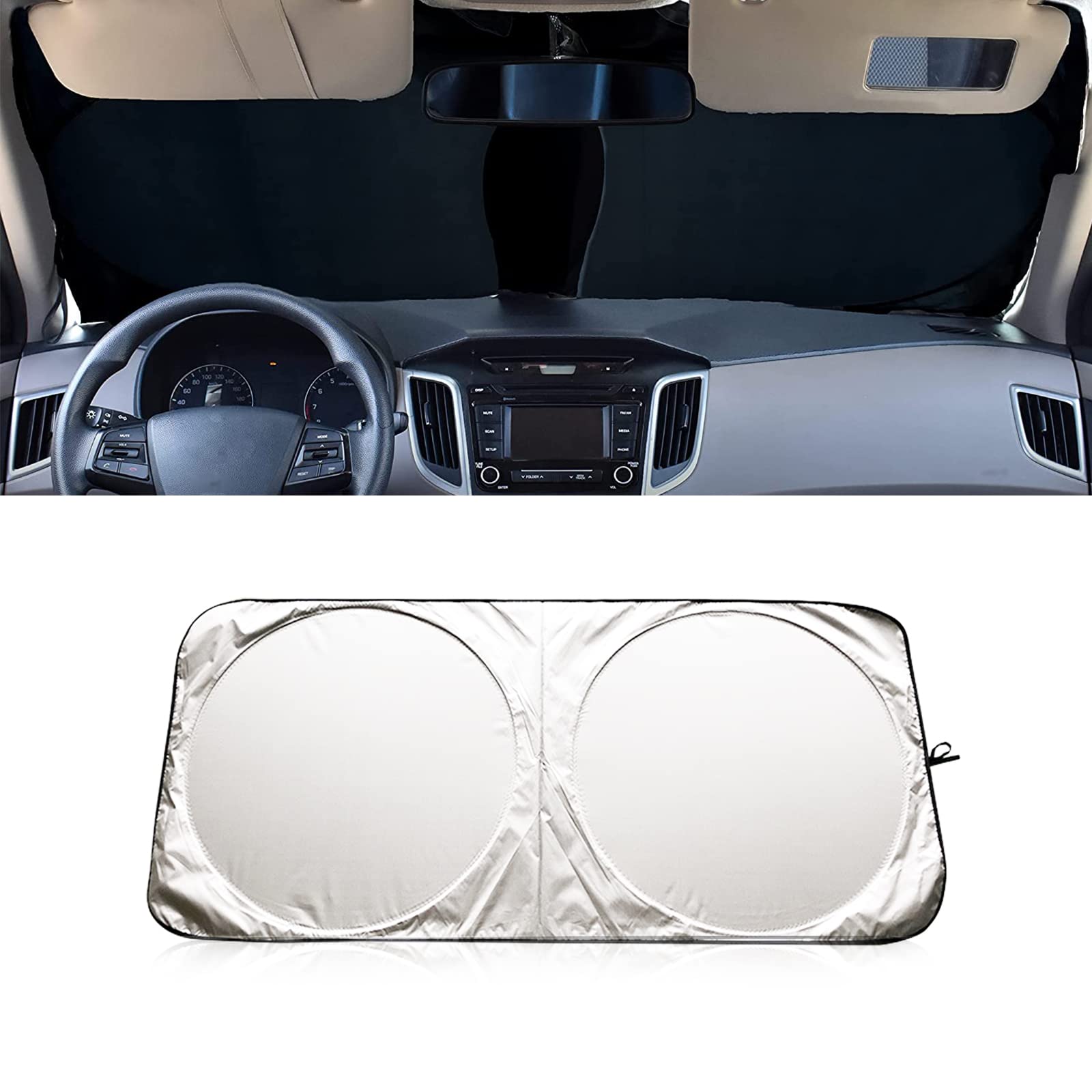 Yonput1 PC Car Windshield Sun Shade with Storage Pouch, 65.7 x 36.4 inches Foldable Automotive Interior Sun Protection Blocker, Car Front Window Visor Protector Cover (Silver)