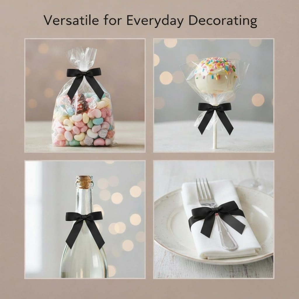 50 Pack Satin Twist Tie Bows for Gift Bags & Party Favors, 2.5 Inch Pre-Tied Ribbon Bows for Gift Wrapping, Birthday & Wedding Event Decorations - Black - Image 5