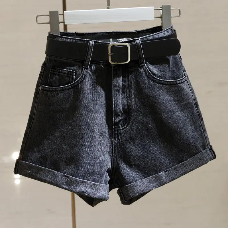 Pantalones cortos de mezclilla casuales de cintura alta para mujer, estilo coreano, gris oscuro, L