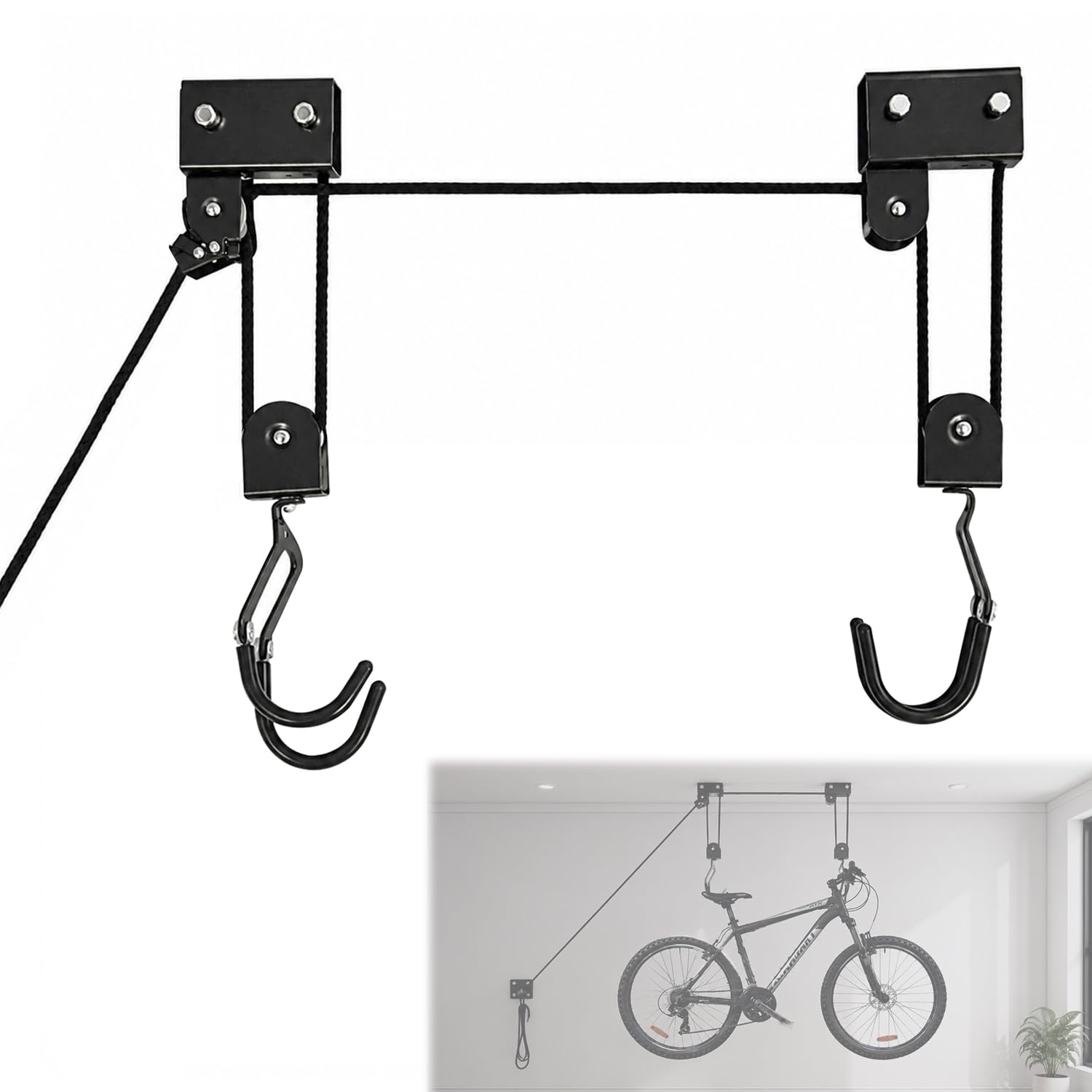 EXLECO Supporto per bicicletta da soffitto Max.57 kg Ascensore universale per bicicletta con gancio e corda adatto per biciclette e yacht