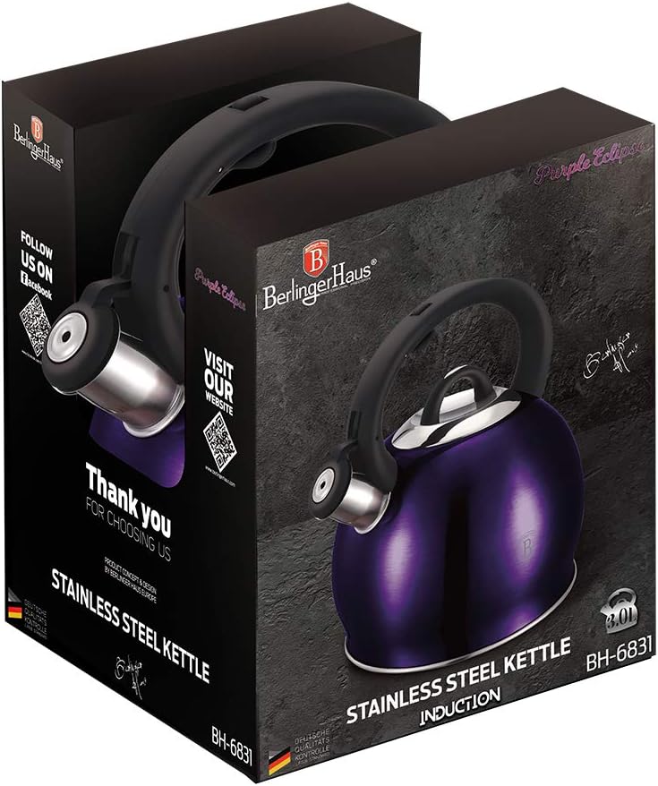 Berlinger Haus Whistling Tea Kettle for Stove Top, 3.2 Quart Stainless Steel Tea Pots for Stove Top, Stovetop Kettle with Push Button Handle, Enhanced Induction Base Stainless Steel Teapot, Purple