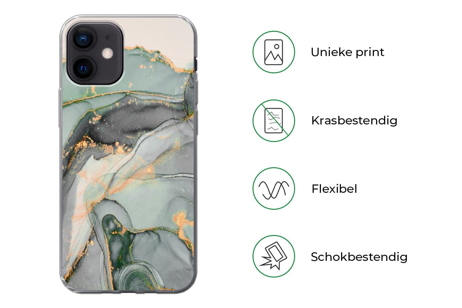Funda para iPhone 12 - Oro - Mármol - Verde - Lujo - Purpurina - Aspecto de mármol - Funda de Silicona/Funda Blanda para teléfono móvil