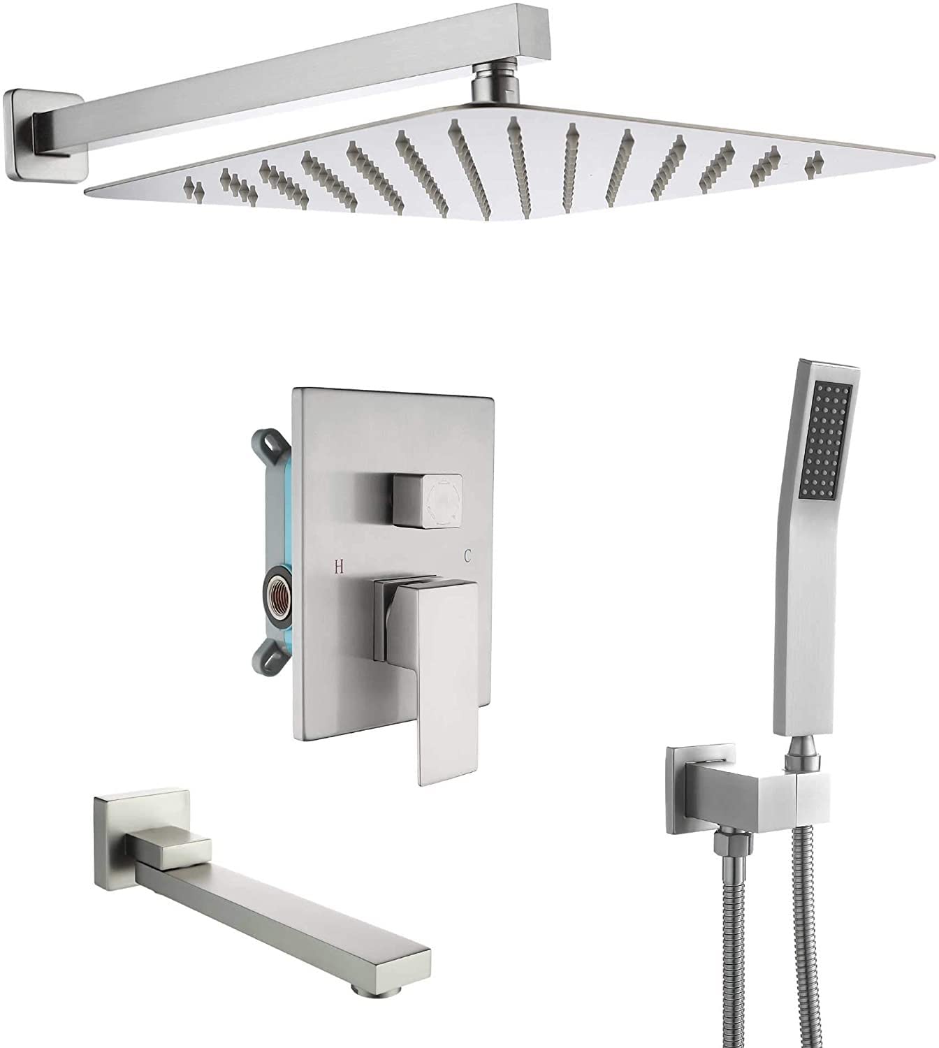 OZBMA Shower Mixer, Concealed Mixer Set Taps Wall Mounted Head and Hose with Bathtub Spout (Brushed)