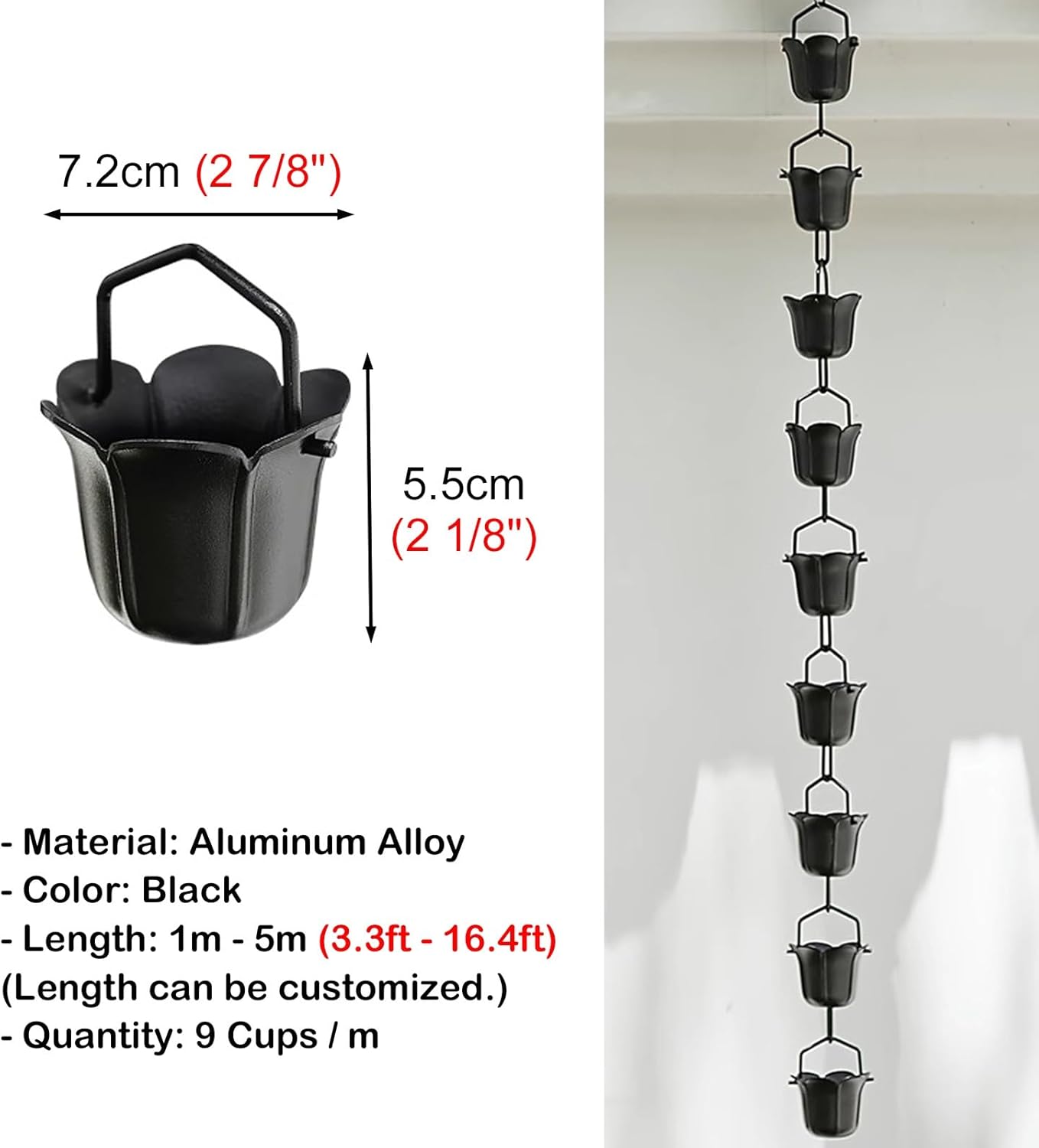 Patio Hanging Rain Chains Kit, Flower Rain Chain Cups Home Outdoor Decoration, Rainwater Collector Waterfall for Gutters, Easy to Install (5m (16.4ft))
