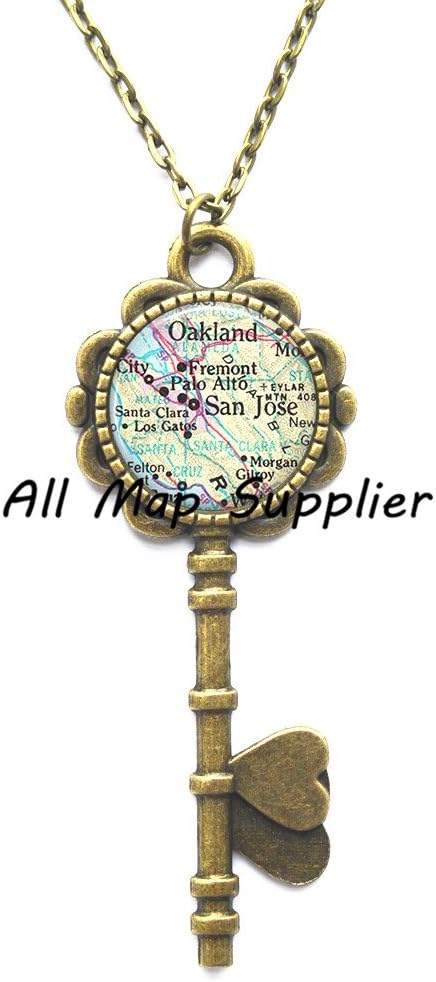 Charming Key Necklace,San Jose map Key Pendant, San Jose Key Pendant, San Jose map Key Necklace, San Jose Key Necklace, map jewelry map jewellery ,AO311