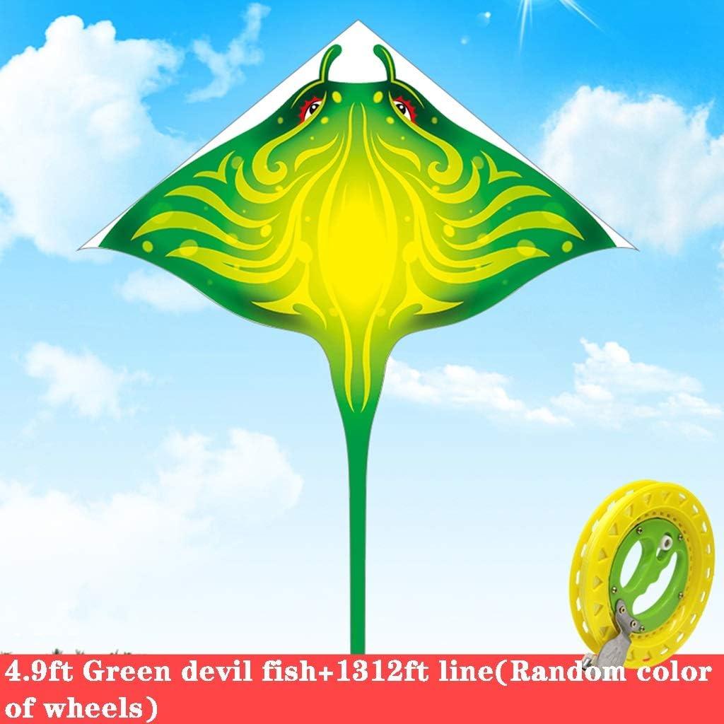 Boys Kite Creative Cartoon Devil Fish Kite Outdoor Park Aerial Sea Life Flying Toys Easy to Fly in the Breeze Birthday Gift (Color: Green Size: 4.9ft+853ft line) (Green 4.9ft+1312ft line)