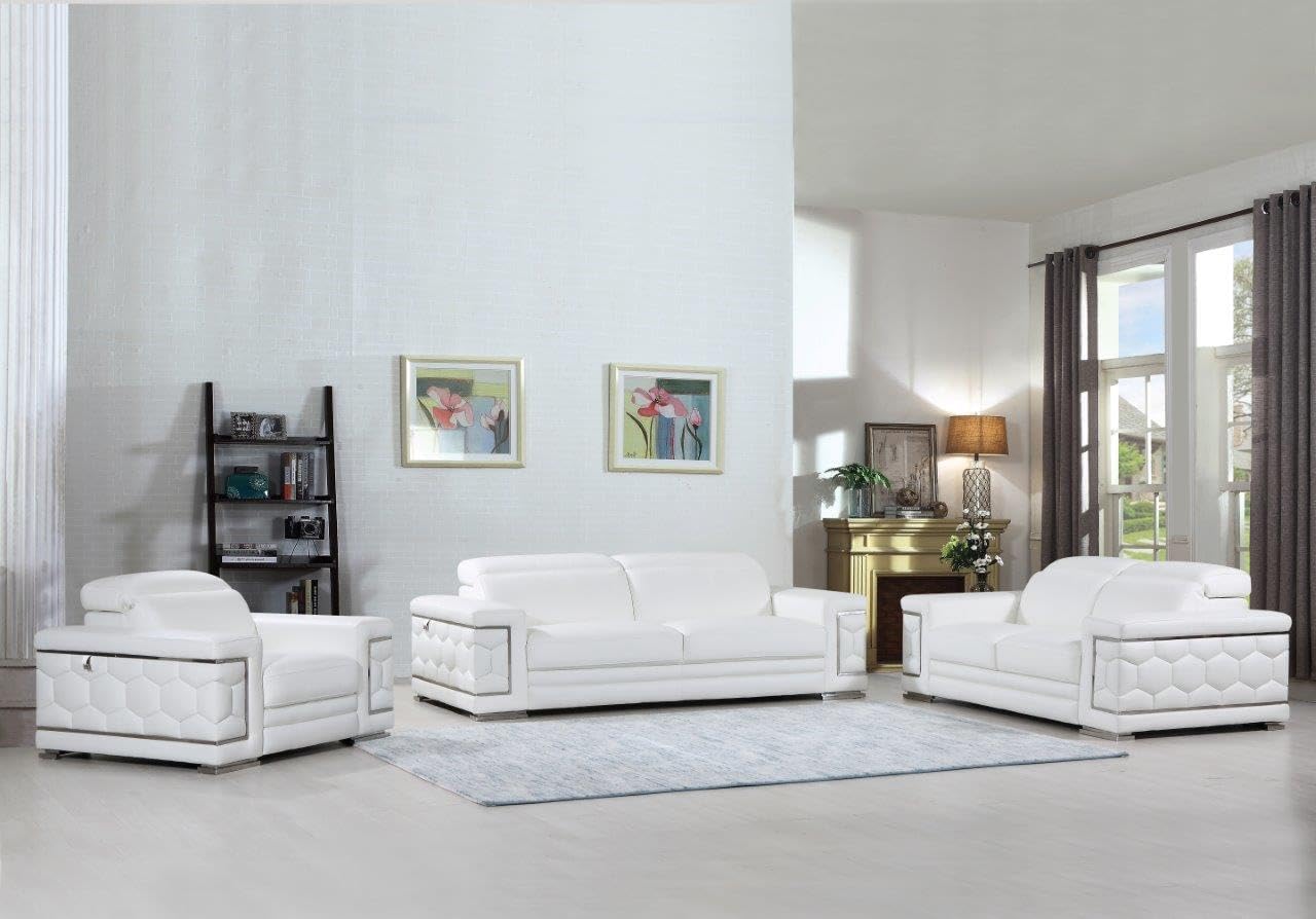 Blackjack Furniture Usry Top Grain Italian Leather Set with Multi-Position Adjustable Headrests, Elegant Contemporary Design with Chrome Trim and Durable Wood Frame, Chair, Loveseat, Sofa Set, White