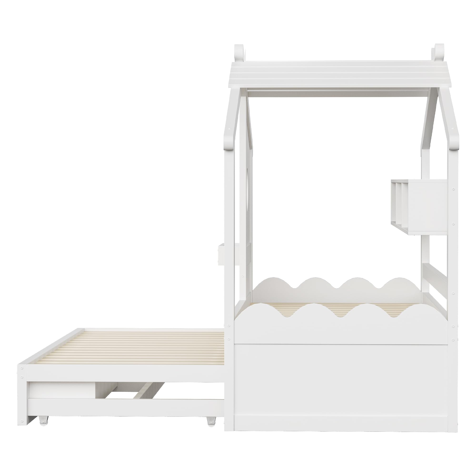 Lit Enfant 90x200cm avec Port USB et lumière LED,Conception de Maison,Lit d'enfant Multifonctionnel avec lit gigogne 90x190cm,avec 2 tiroirs et étagère de Rangement,Blanc (Matelas Non Inclus)