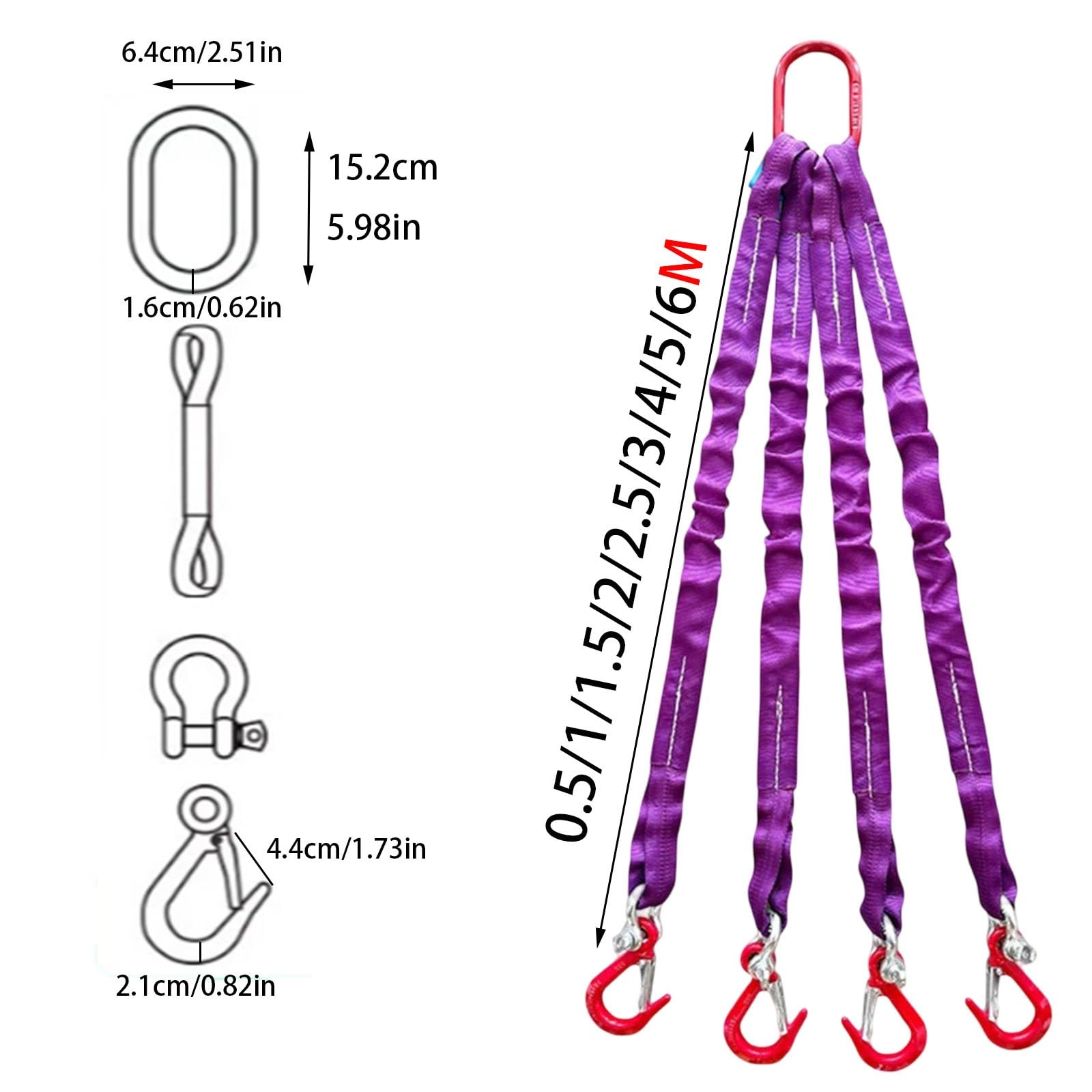 Eslinga de poliéster con 4 Patas y Ganchos de Agarre, Capacidad de Carga de 2T, con Ganchos y Anillas. Eslinga de cincha para Remolque y manipulación Segura de Carga(1.64ft/0.5m)