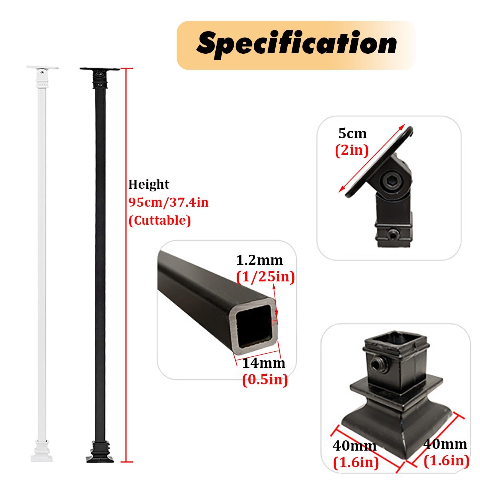 Metalowe słupki ogrodzeniowe Tralki schodowe z regulowanym wspornikiem, proste kwadratowe wrzeciona balustrad 14 mm Kolumnowe do ochrony(5 pcs)