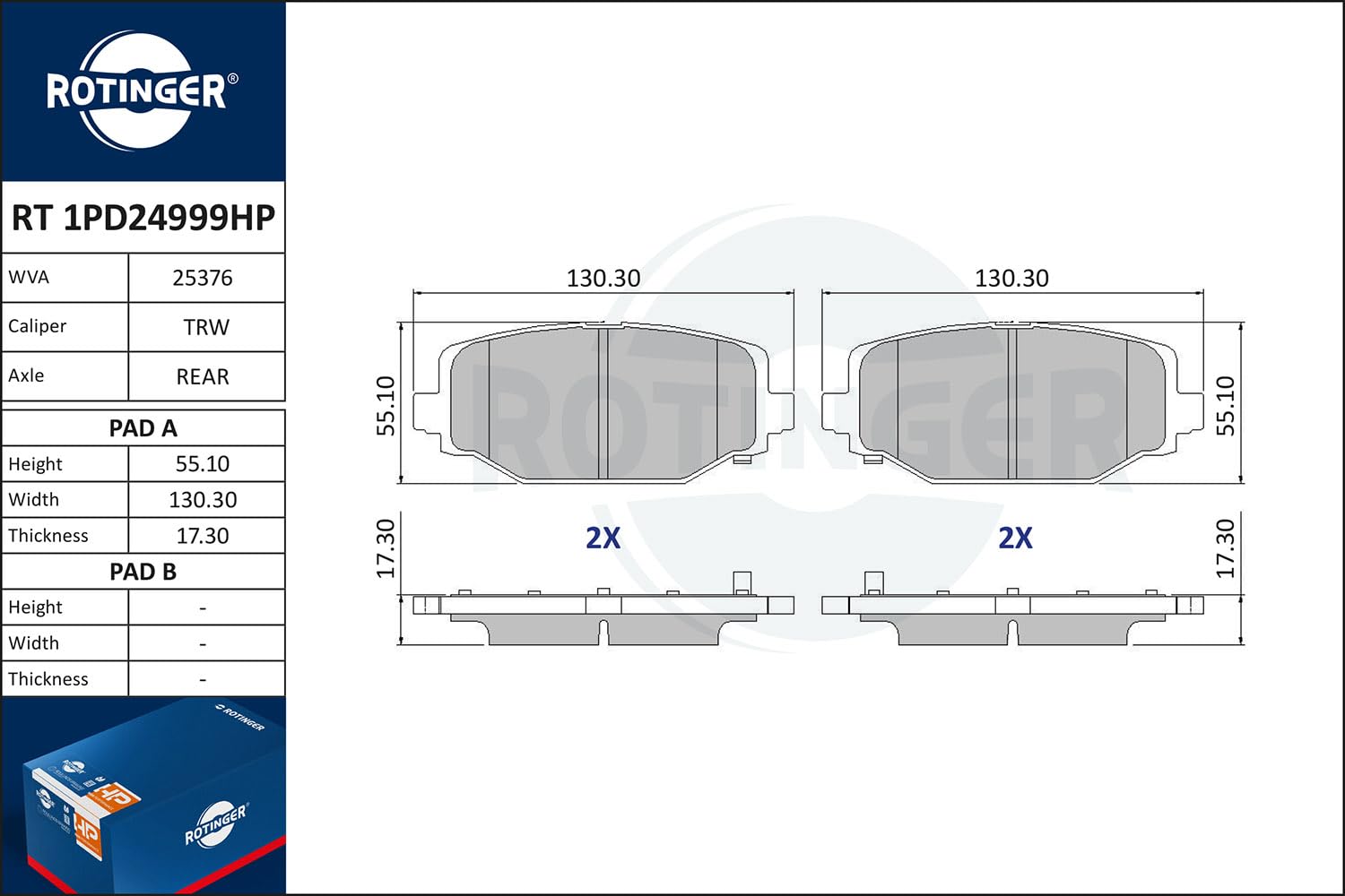 Klocki hamulcowe ROTINGER (Tył) RT 1PD24999HP, ECE R90, Komplet 4 sztuk