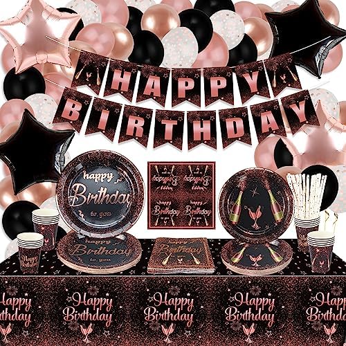 Black Gold Birthday Supplies, Black and Gold Birthday Party Decorations for Men, Women, Includes Happy Birthday Banner, Tablecloth, Paper Plates, Napkins, Paper Cups, Serves 20 Guest