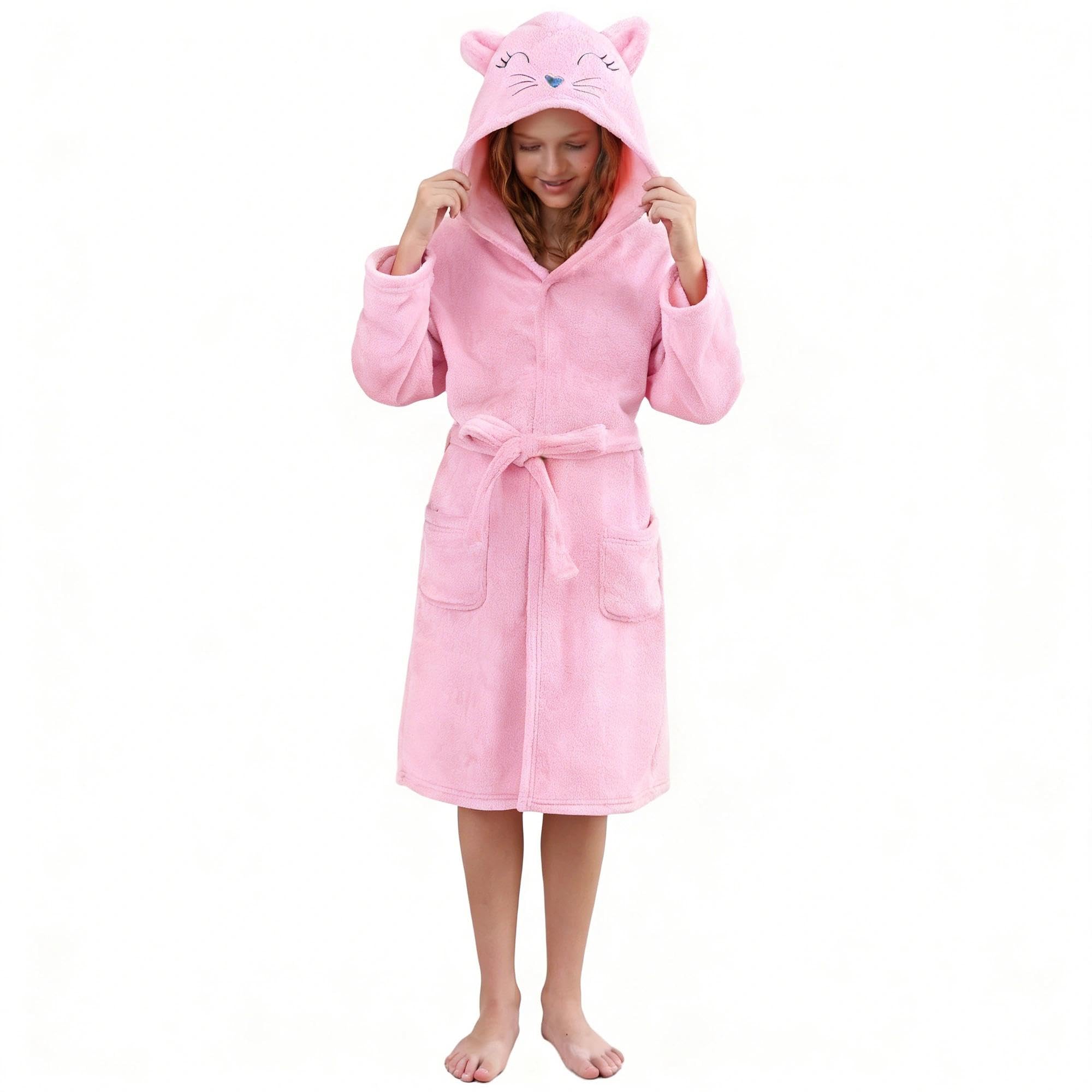 V.&amp;GRIN Girls Fleece Hooded Robe, Soft Unicorn Bathrobe for Kids 5-14 Years