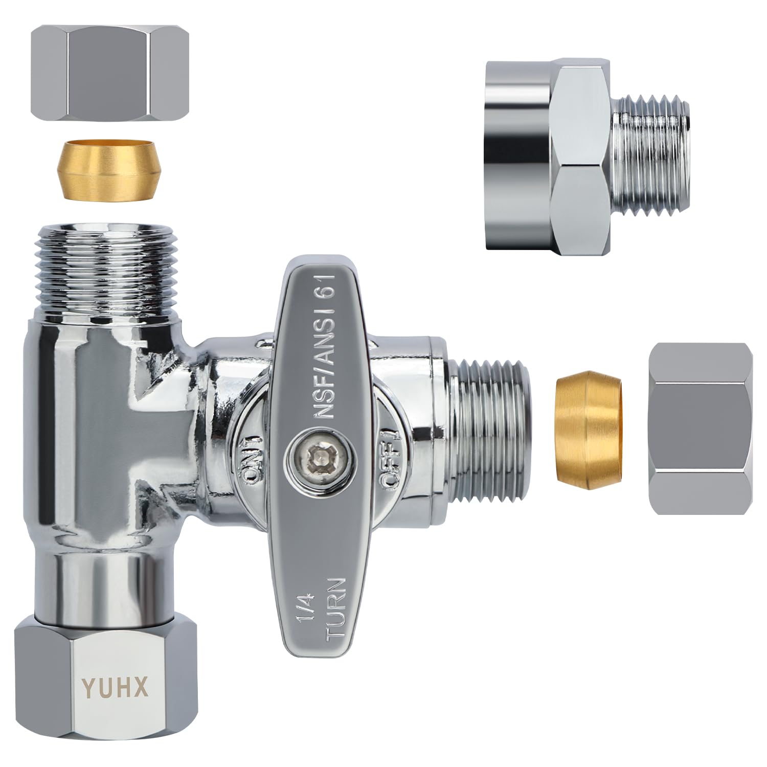YUHX Brass Angle Stop Add-A-Tee Valve, 3/8 Inch Compression Outlet