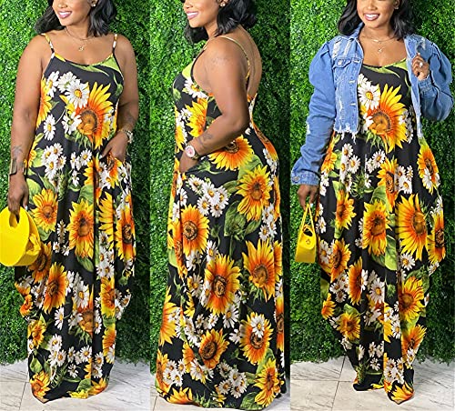 Image of BFFBABY Womens Summer Suspender Maxi Dress Plus Size Striped Printed Sleeveless with Pockets and Belt