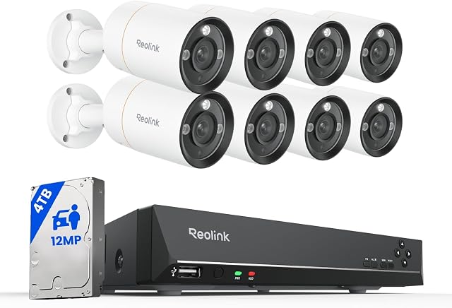 REOLINK 16CH 12MP Système de caméra Bullet de sécurité 4TB HDD RLK16-1200B8-A | 8pcs H.265 12MP PoE Caméras en plein air, détection de véhicules individuels pour animaux, vision nocturne de couleur, conversation bidirectionnelle,16CH NVR